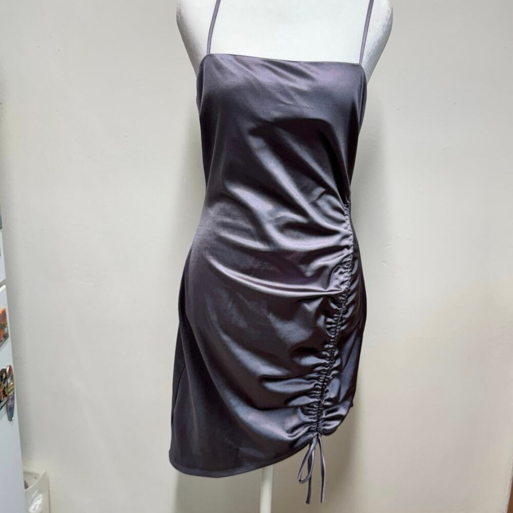 GLARE Satin Mini Dress Womens L Ruched Side Tie Spaghetti Strap Y2K Purple Party